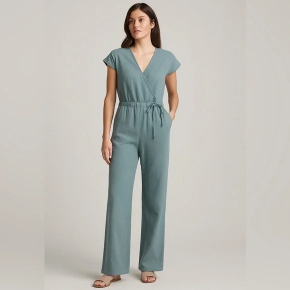 Cloth & Stone Anthropologie Linen Blend Jumpsuit Blue Wrap Short Sleeve Size M - Picture 4 of 16